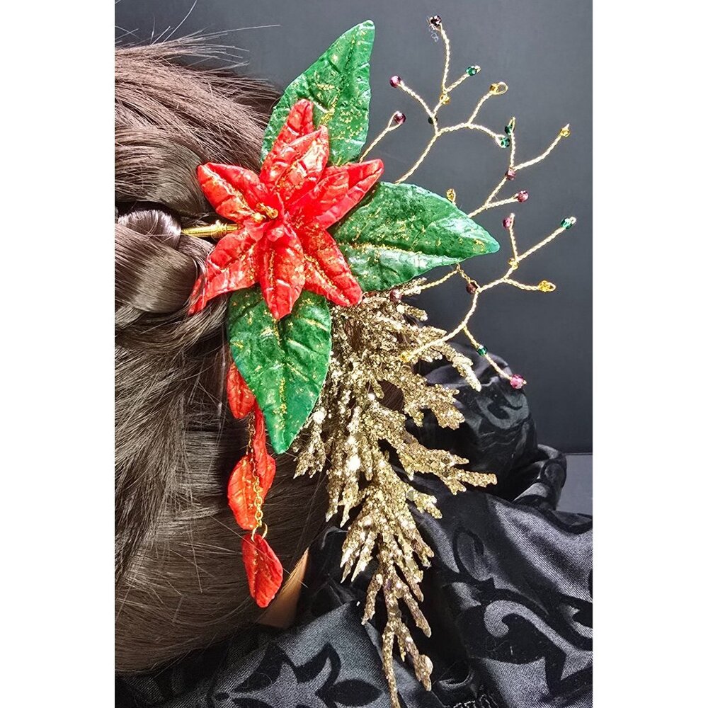 Unique Handcrafted Natural Gemstone Holiday Poinsettia Inspired Hair Stick